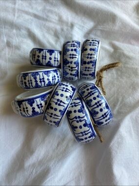 Blue and White Ceramic Napkin Rings - Hand-Painted Floral Set of 8